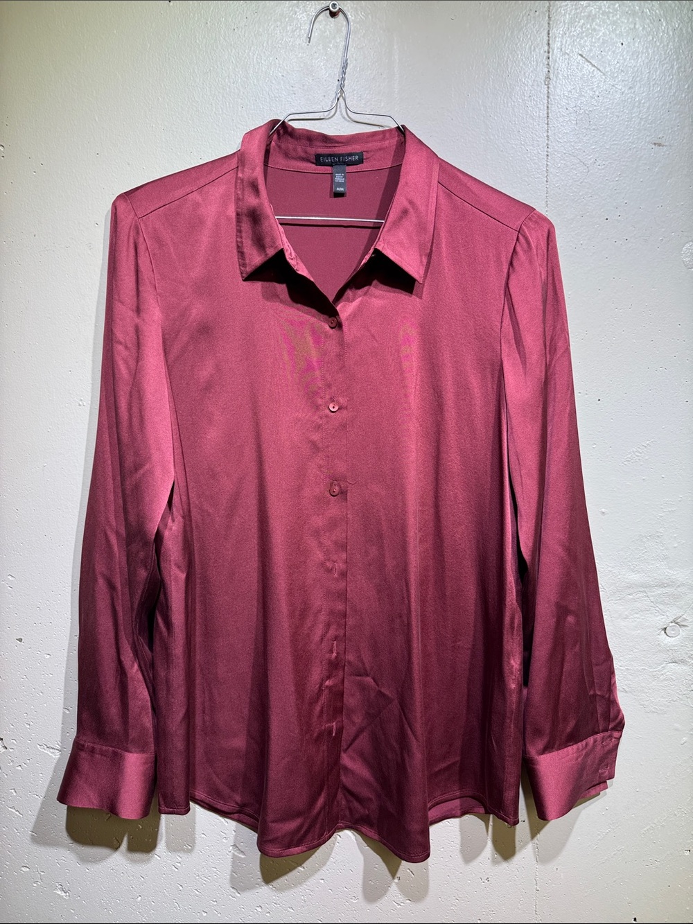 Eileen Fisher Satin Button-Front Shirt in Burgundy